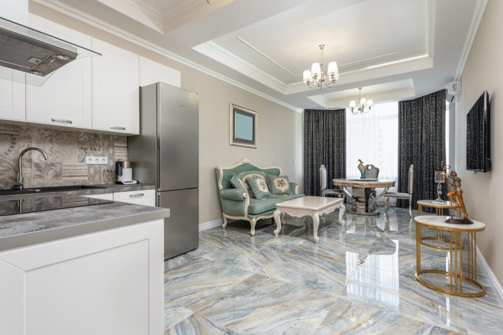 multiple color marble flooring in a furnished room